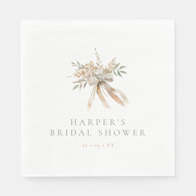 Servilleta De Papel Boho Beige & Sage Flowers & Bow Bridal Shower (Anverso)