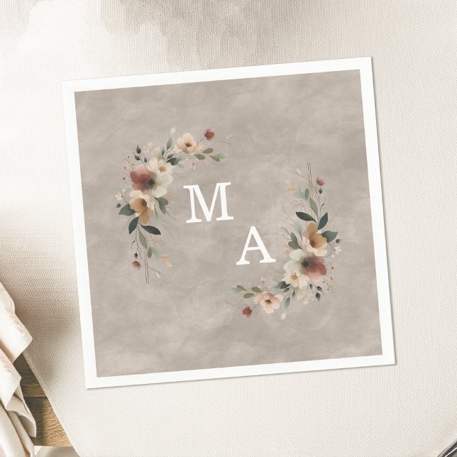 Servilleta De Papel Boho Beige Taupe Boda de guirnaldas florales Monog (Wrap your celebration in elegance with our monogrammed napkins in 6 rustic hues.)