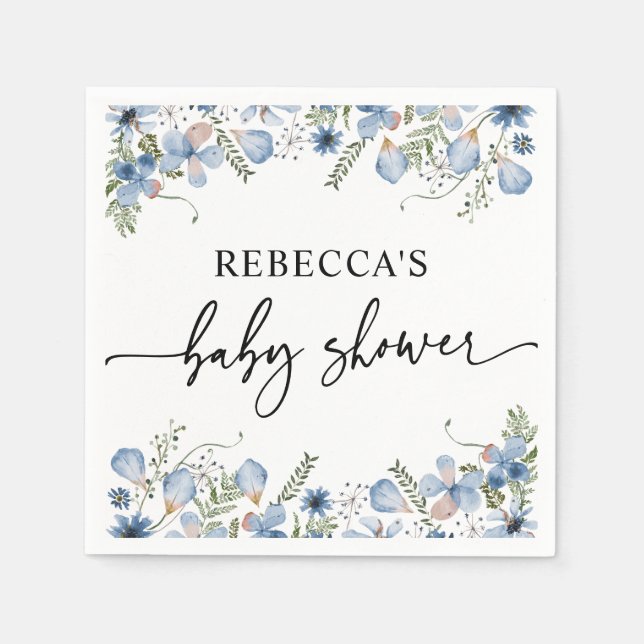Servilleta De Papel Boho Blue Wildflowers Baby Shower Napkins (Anverso)