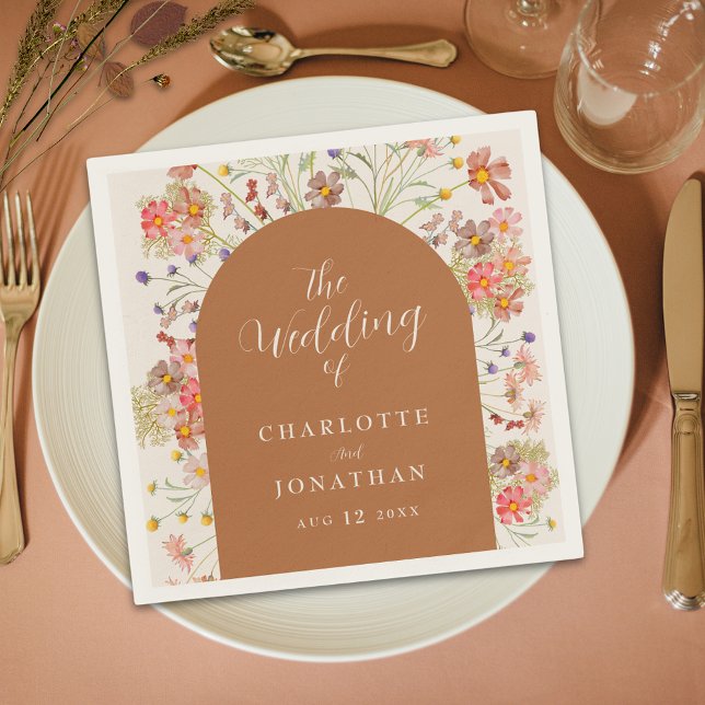 Servilleta De Papel Boho Boho Rustic Floral Arch Fall Wedding (Boho rustic floral fall terracotta burnt orange custom Wedding napkins watercolor wildflowers script)