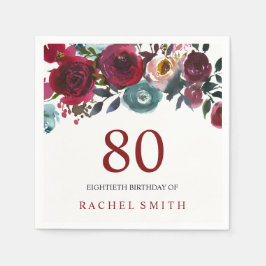 Servilleta De Papel Boho Bordo Burgundy Flores Rojas 80 cumpleaños