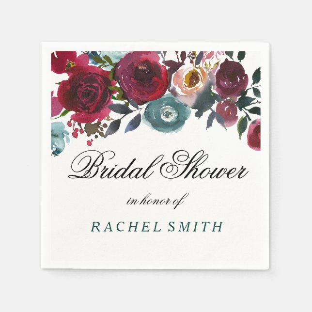 Servilleta De Papel Boho Bordo Burgundy Flores Rojas Ducha de Novias (Anverso)