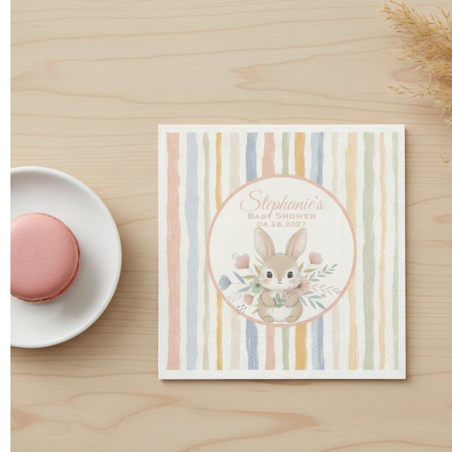 Servilleta De Papel Boho Bunny Watercolor Stripe  (Sweet baby shower napkin)