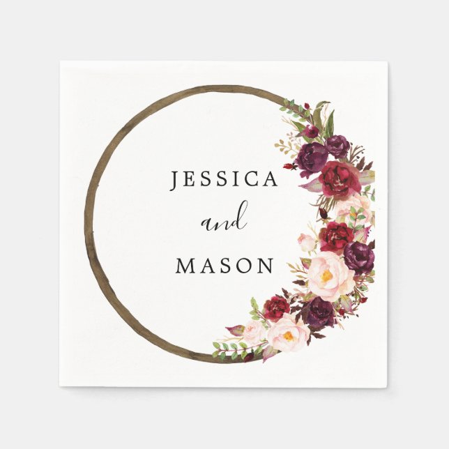 Servilleta De Papel Boho Burgundy Wreath Boda Cocktail Napkin (Anverso)