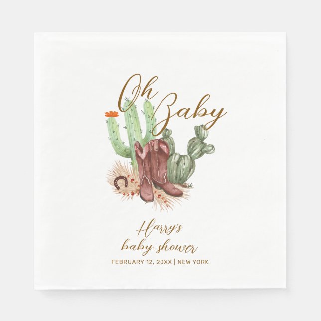 Servilleta De Papel Boho Cactus Cowboy moderno zapata Baby Shower (Anverso)