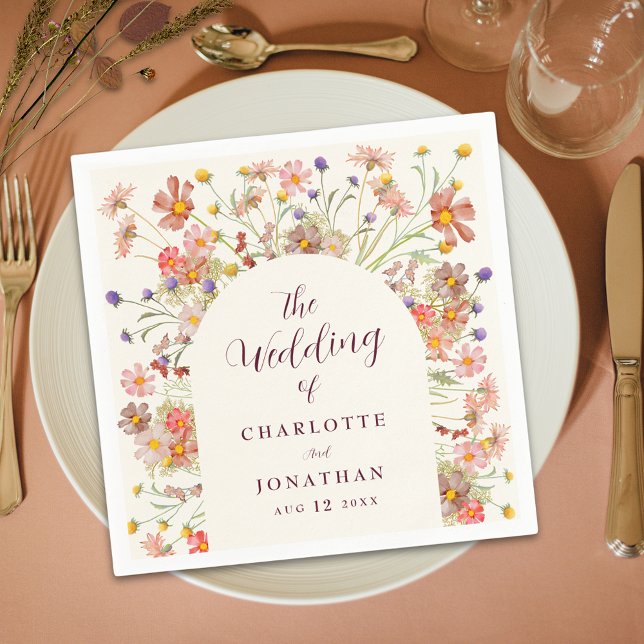 Servilleta De Papel Boho Cae Boda del Arco Floral Rústico (Boho fall rustic wildflower floral arch ivory cream and burgundy script wedding custom paper napkins)