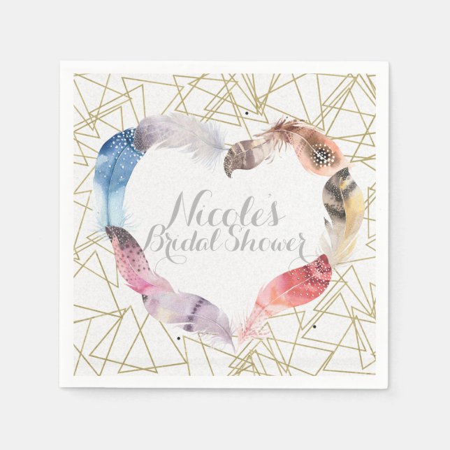 Servilleta De Papel Boho Chic Pluma Corazón Fiesta Glam Bohemio (Anverso)