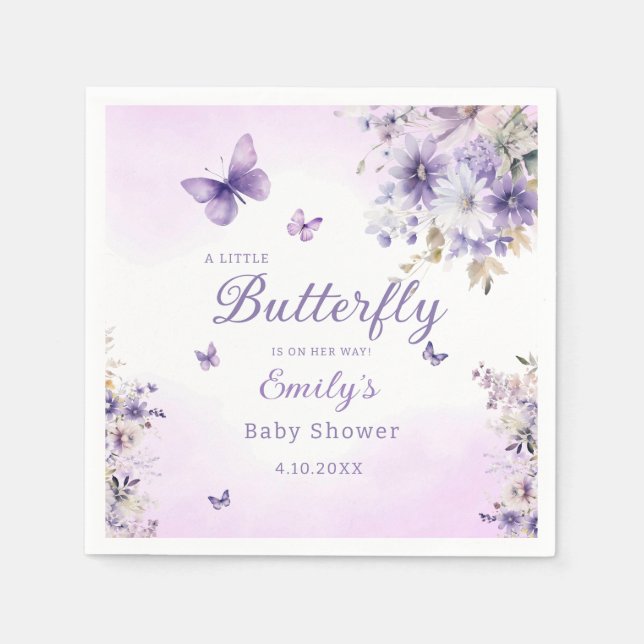 Servilleta De Papel "Boho Cute Purple Floral Mariposa Chica Baby Showe (Anverso)