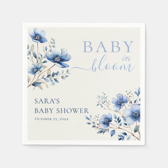 Servilleta De Papel Boho Dark and Dusty Blue Wildflowers Baby Shower (Anverso)
