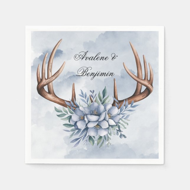 Servilleta De Papel Boho Deer Antler con el Boda de Blue Florals (Anverso)