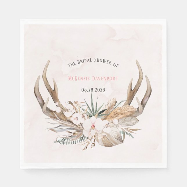 Servilleta De Papel Boho Deer Antlers y Florines Bridal Shower (Anverso)