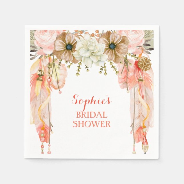 Servilleta De Papel Boho Dream Catcher Feather Tribal Peach Coral (Anverso)