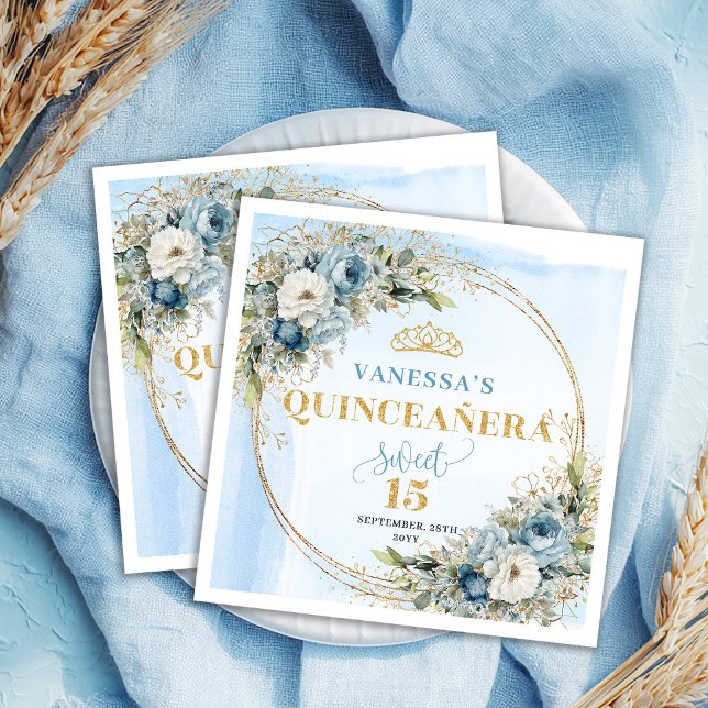 Servilleta De Papel Boho Dusty Blue Floral Gold Quinceañera Napkins (Boho Dusty Blue Floral Gold Quinceañera Napkins)