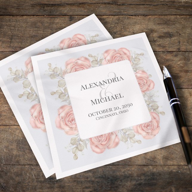 Servilleta De Papel Boho elegante personalizado de cóctel boda (Custom wedding napkin with elegant blush pink roses and foliage. )