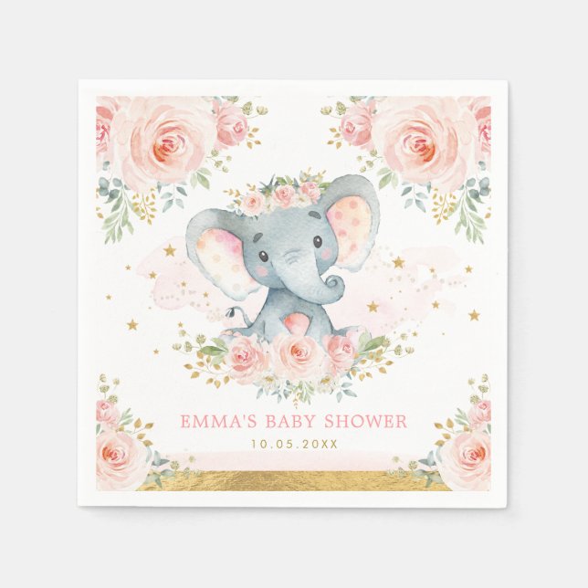Servilleta De Papel Boho Elephant Pink Rubor Flor Baby Shower (Anverso)