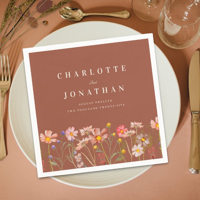 Servilleta De Papel Boho Fall Rustic Wildflower Floral Boda (Boho fall rustic wildflower meadow burnt orange floral wedding custom napkin elegant modern)