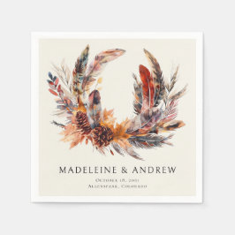 Servilleta De Papel Boho Feathers Floral Wreath Monograma Boda