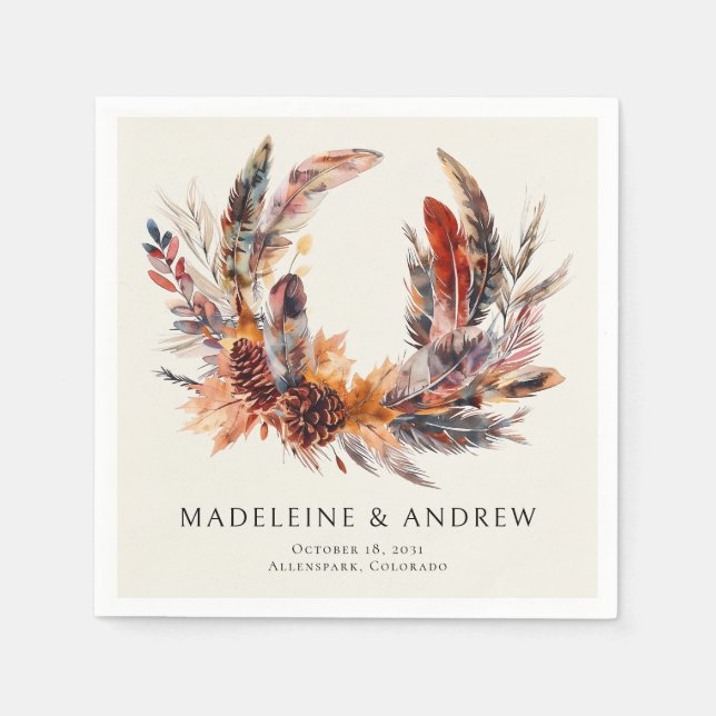 Servilleta De Papel Boho Feathers Floral Wreath Monograma Boda (Anverso)