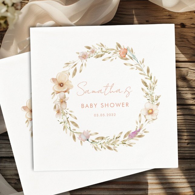 Servilleta De Papel Boho Fiesta de Bebé con Flores (Boho Flower Baby Shower Custom Napkins with your Name & Date. For Baby Girl & Baby Boy.)