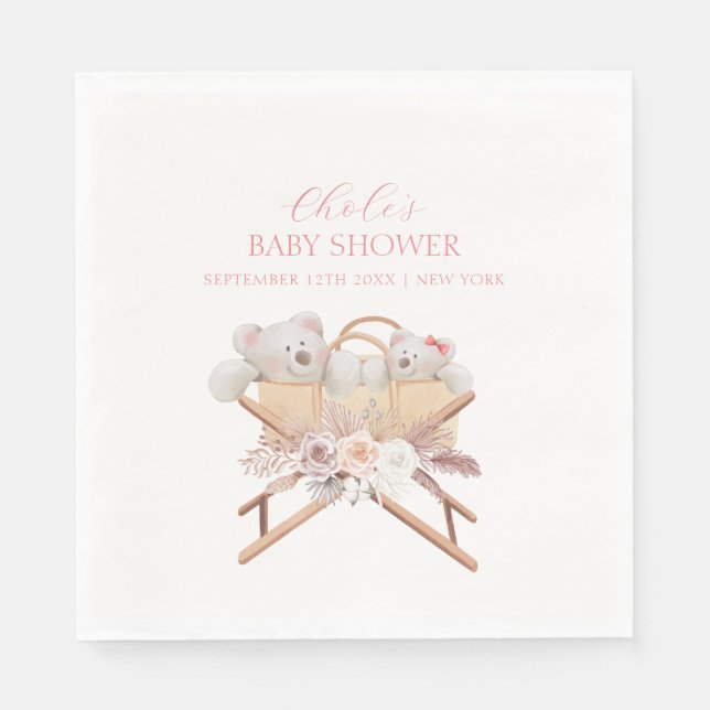 Servilleta De Papel Boho Floral Bear Bassinet Chica Baby Shower (Anverso)