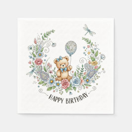 Servilleta De Papel Boho floral birthday bear
