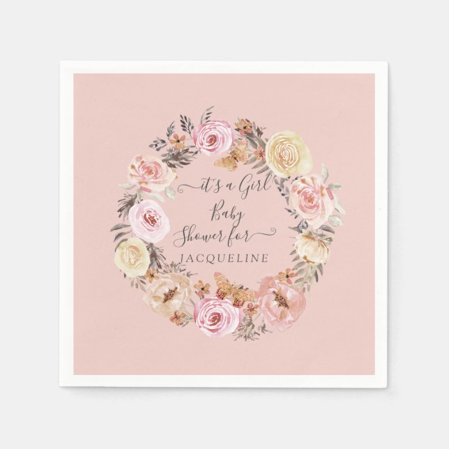 Servilleta De Papel Boho Floral Dusty Rosa Moderno Bebé Ducha (Anverso)