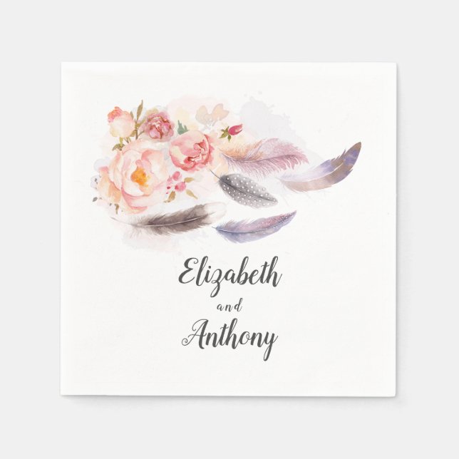 Servilleta De Papel Boho Floral Feathers (Anverso)