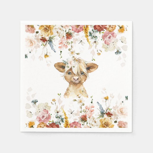 Servilleta De Papel Boho Floral Highland Cow (Anverso)