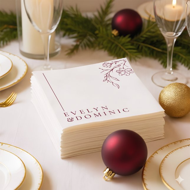 Servilleta De Papel Boho Floral Line Art Burgundy Wedding Party (Subido por el creador)