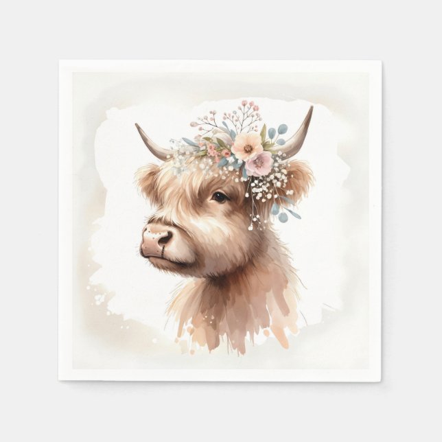 Servilleta De Papel Boho Highland Cow Con Flores Bridales (Anverso)