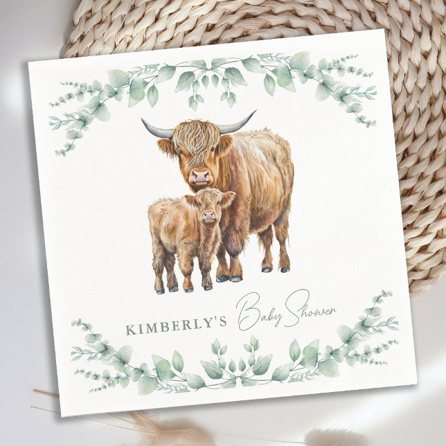 Servilleta De Papel Boho Highland Cow Green Farm Animal Baby Shower (Subido por el creador)