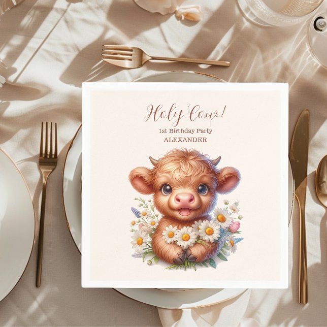 Servilleta De Papel Boho Holy Cow Highland Cow Primer cumpleaños (Subido por el creador)