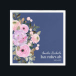 Servilleta De Papel Boho Lavender Blue Floral Watercolor Bat Mitzvah<br><div class="desc">Boho Lavender Personalizado de acuarela floral rosa Bat Mitzvah Napkins con fondo azul</div>