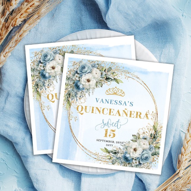 Servilleta De Papel Boho Light Blue Floral Gold Glitter Quinceañera  (Boho Light Blue Floral Gold Glitter Quinceañera Napkins )