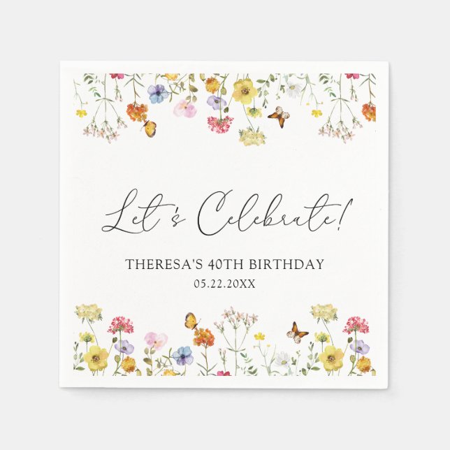 Servilleta De Papel Boho, mariposa flor silvestre, celebremos el cumpl (Anverso)