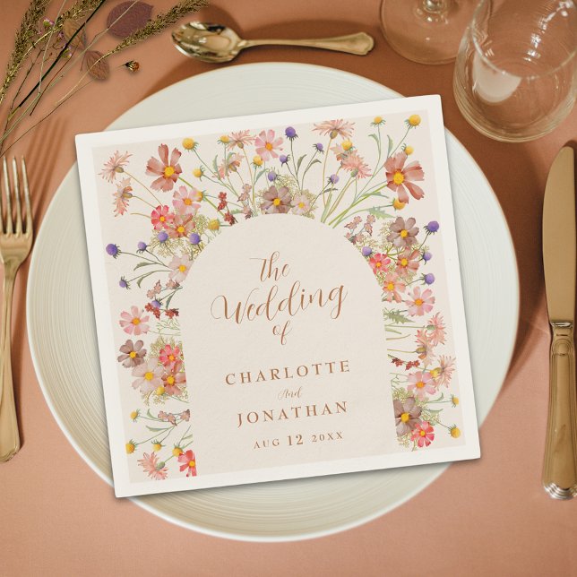 Servilleta De Papel Boho Moda Arco floral Caída Boda Napkins (Beige boho floral arch fall wedding custom napkins watercolor wildflowers brown beige burnt orange)