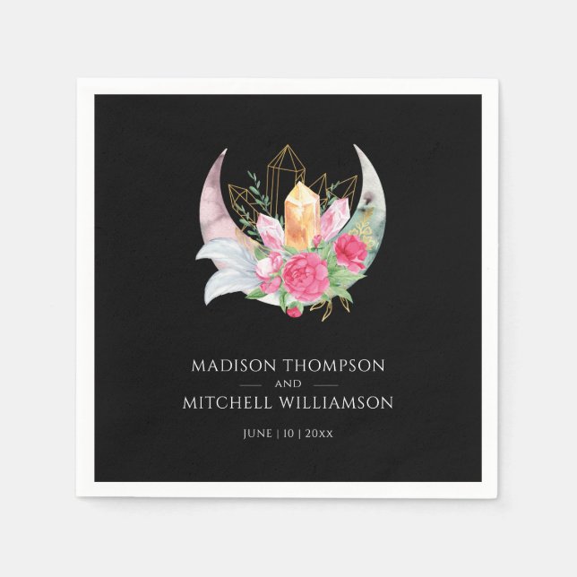 Servilleta De Papel Boho Moon Crystals Feathers Pink Flowers Boda (Anverso)
