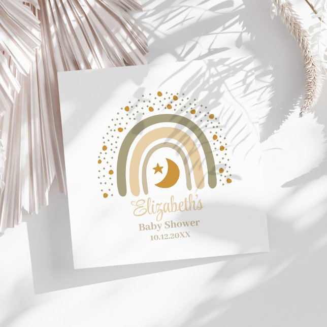 Servilleta De Papel Boho Neutral Rainbow Baby Shower (Boho Neutral Rainbow Baby Shower Napkins on a sunny white table.)