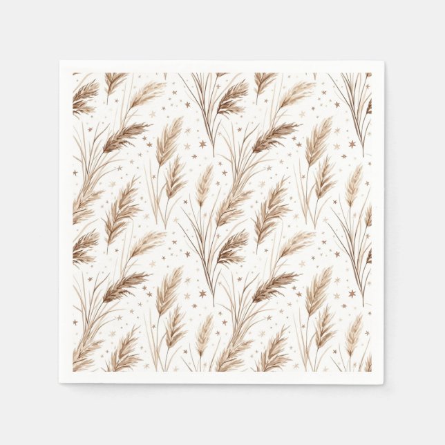Servilleta De Papel Boho Pampas Grass Beige Marrón Patrón de Estrellas (Anverso)