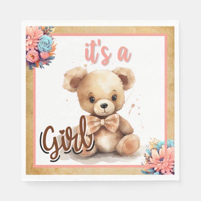 Servilleta De Papel Boho Pink Bear Baby Shower Napkins (Anverso)