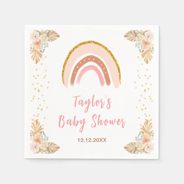 Servilleta De Papel Boho Rainbow Pink Baby Shower (Anverso)
