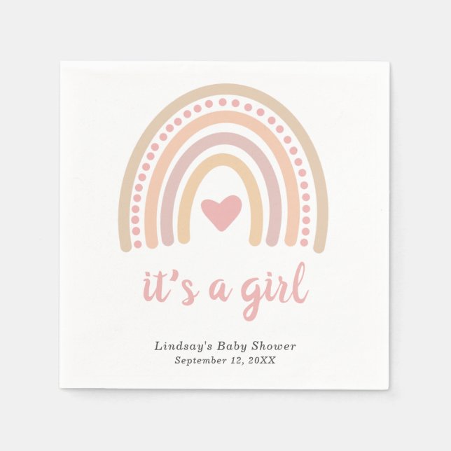 Servilleta De Papel Boho Rainbow Pink Heart Cute Chica Baby Shower (Anverso)