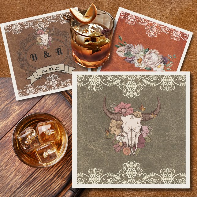 Servilleta De Papel Boho Ranch Floral Bull Skull Paper Cocktail Napkin (Subido por el creador)