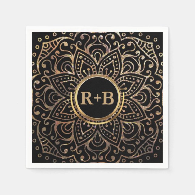 Servilleta De Papel Boho Relieve metalizado dorado negro Mandala Boda  (Anverso)