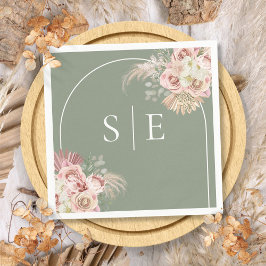 Servilleta De Papel Boho Sage Green Pampas Grasa Arch Monograma Napkin