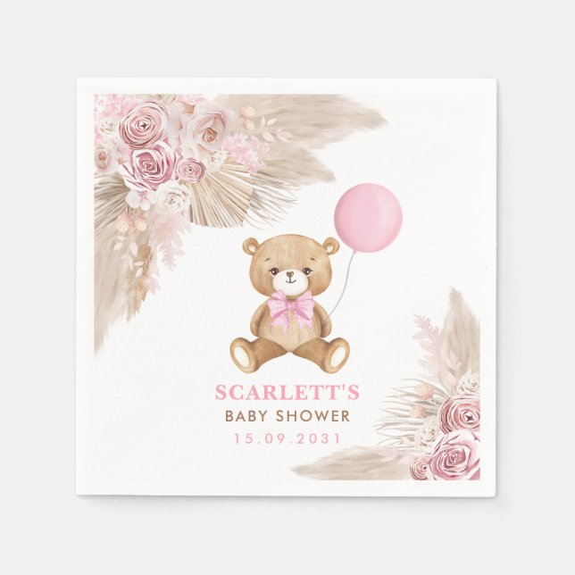 Servilleta De Papel Boho Teddy Bear Baby Chica De Floral Rosa Dusto (Anverso)