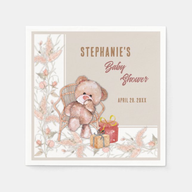 Servilleta De Papel Boho Teddy Bear Baby Shower (Anverso)