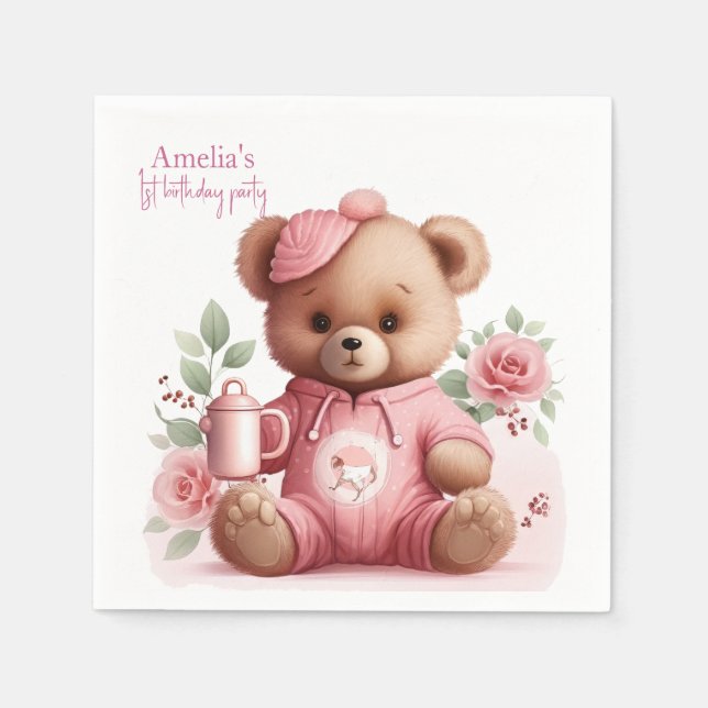 Servilleta De Papel Boho Teddy Bear Girl Pink Bear Floral Birthday  (Anverso)