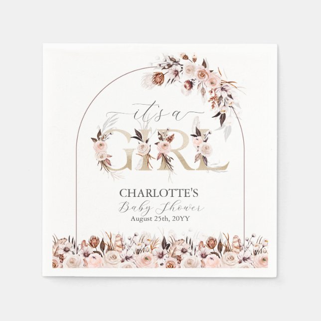 Servilleta De Papel Boho Terracotta Chica Floral Rosa Baby Shower (Anverso)