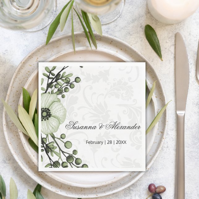 Servilleta De Papel Boho Verde Berry Wreath Damask Wedding (Subido por el creador)